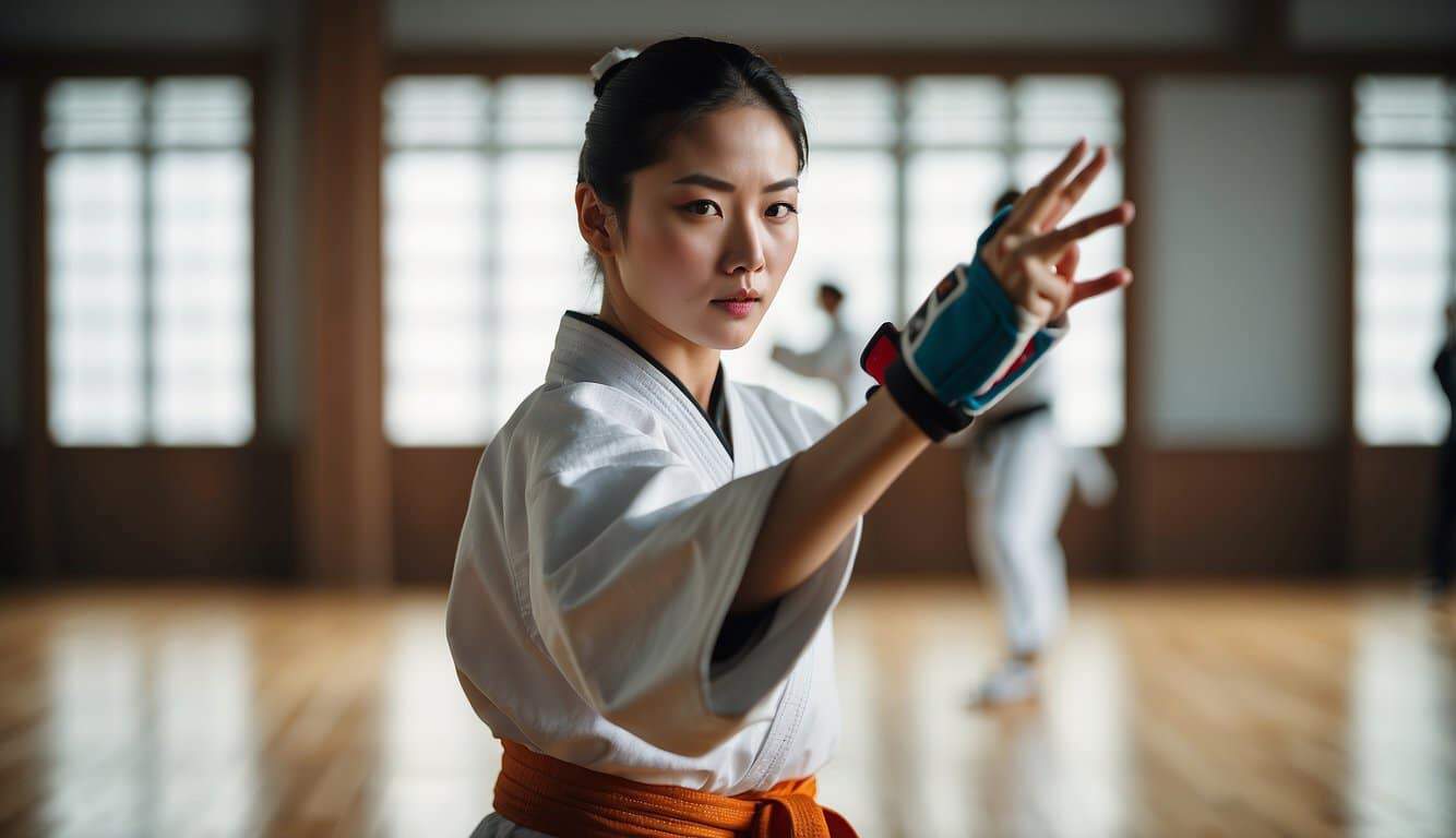 A beginner practicing taekwondo forms in a spacious, well-lit studio with traditional Korean decorations and equipment