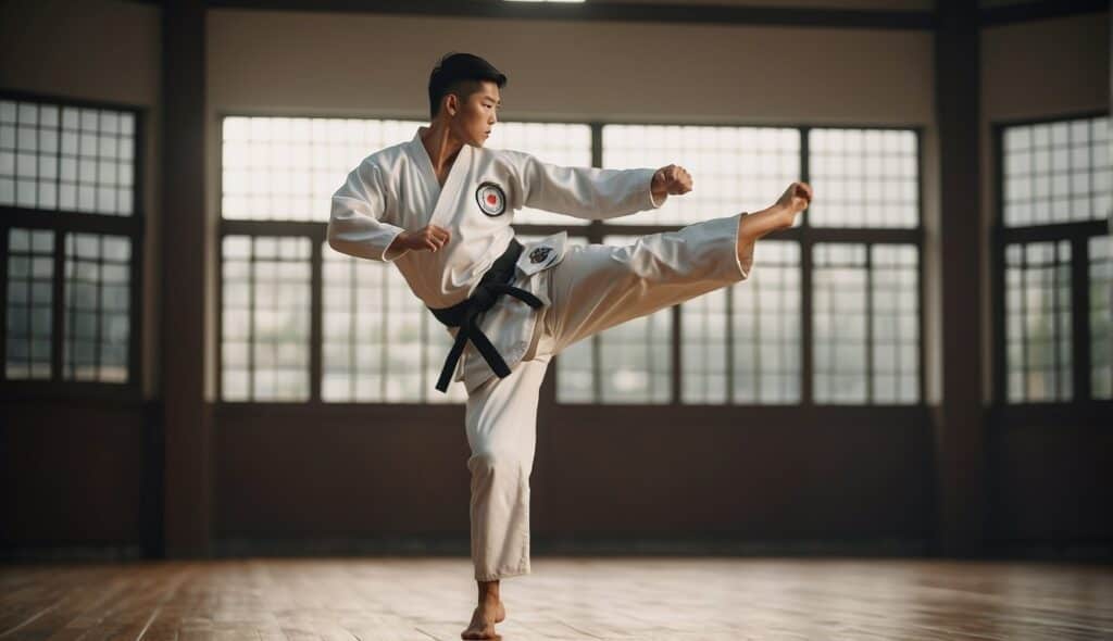 A Taekwondo master performs a high kick, with focused intensity and precision, in a traditional dojang setting