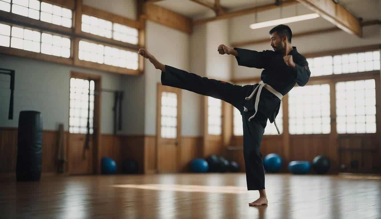 A martial artist executes a high kick while training in a dojo