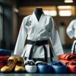 Taekwondo uniforms and gear arranged neatly in a dojo setting