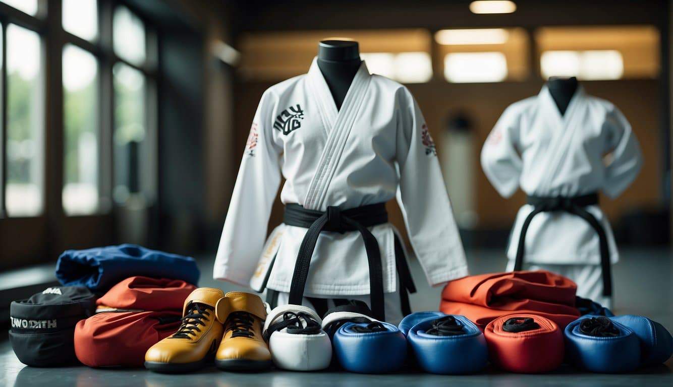 Taekwondo uniforms and gear arranged neatly in a dojo setting