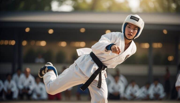 A taekwondo practitioner avoiding injury through proper technique and control