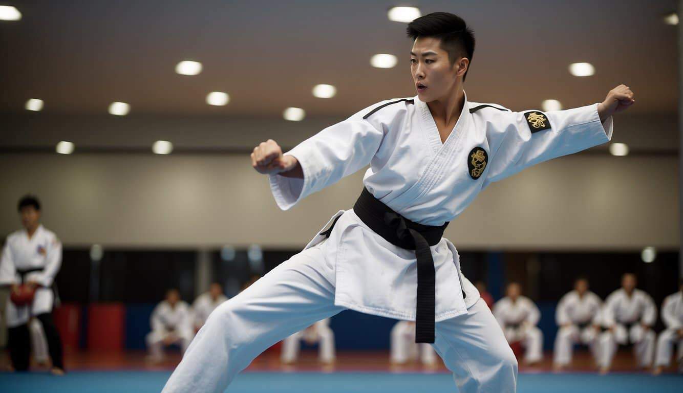 A Taekwondo practitioner performs a Poomsae, executing precise and powerful movements in a disciplined and focused manner