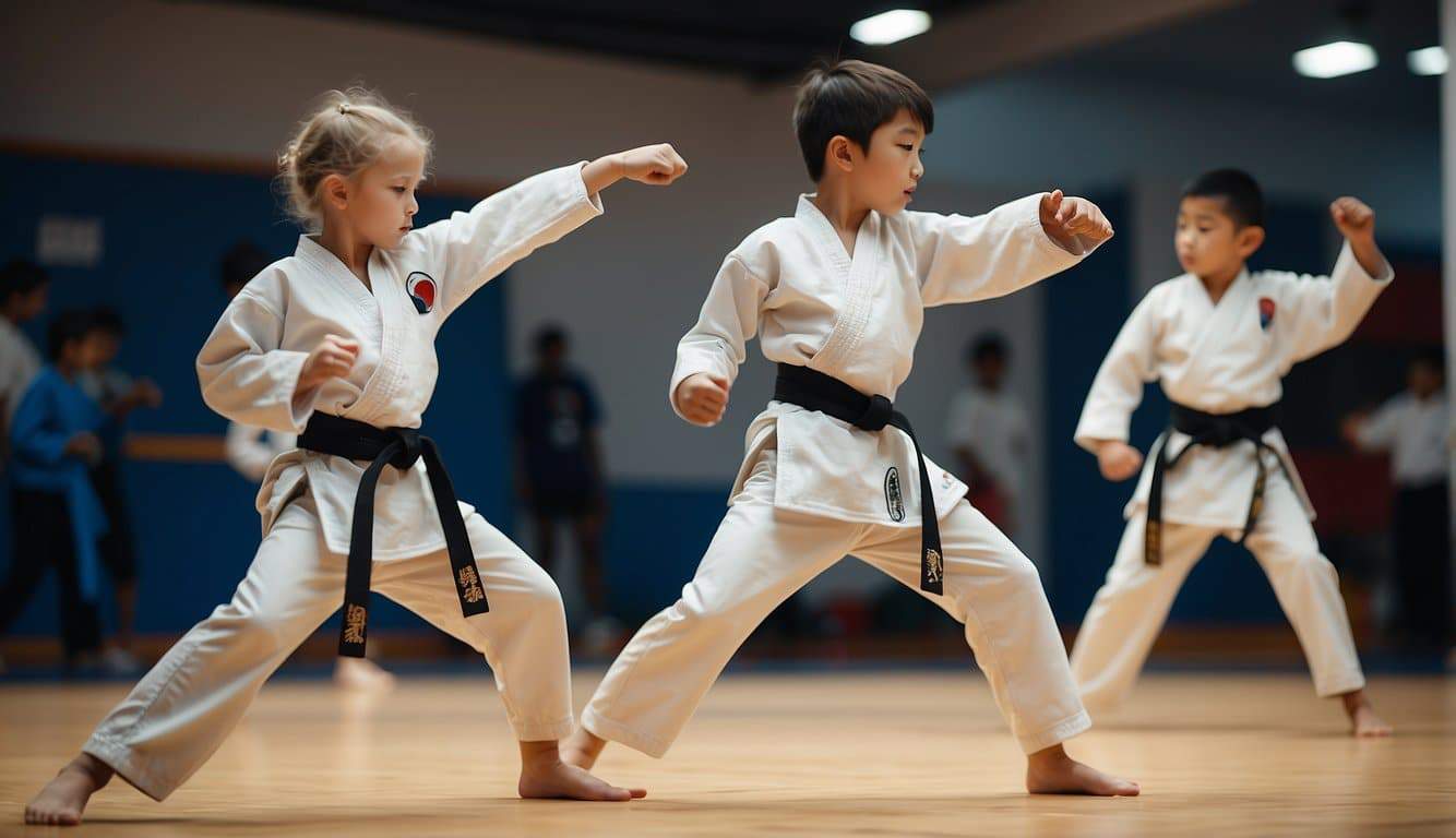 Children and teenagers practicing Taekwondo in a martial arts studio, wearing doboks and performing kicks and punches with focus and determination