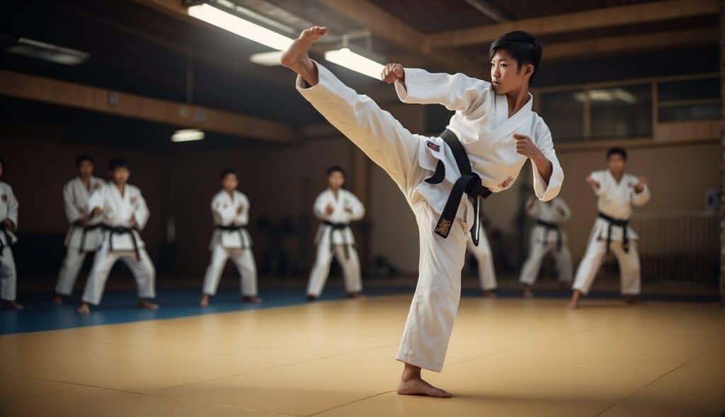 A Taekwondo beginner practicing basic stances and kicks in a traditional dojo setting with a focus on discipline and technique