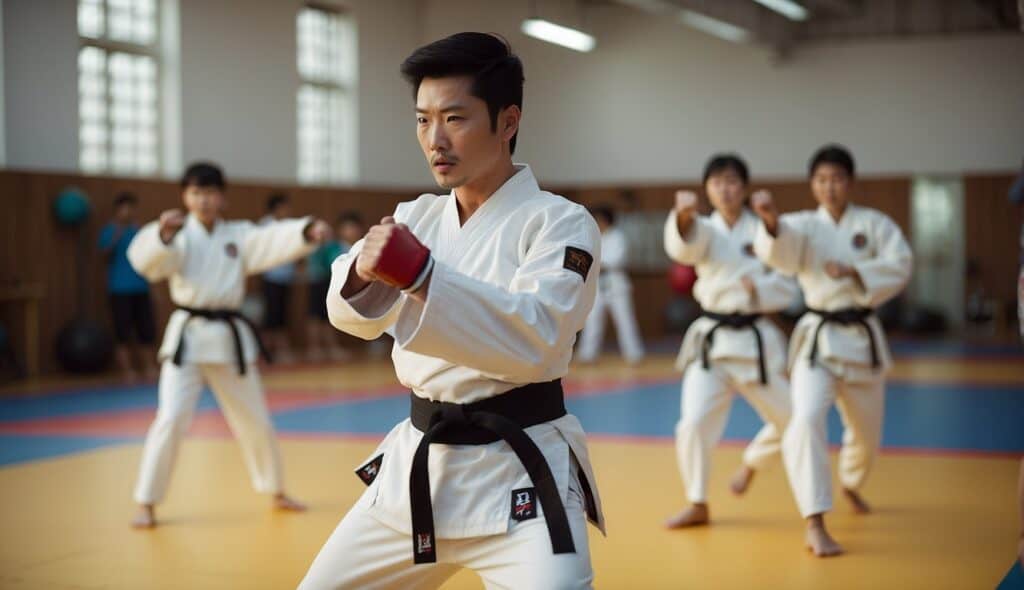 A Taekwondo instructor demonstrating basic techniques to beginners in a training hall with traditional Korean decorations and equipment