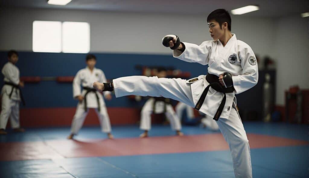 A beginner practicing Taekwondo, demonstrating mental and physical development through focused movements and disciplined training