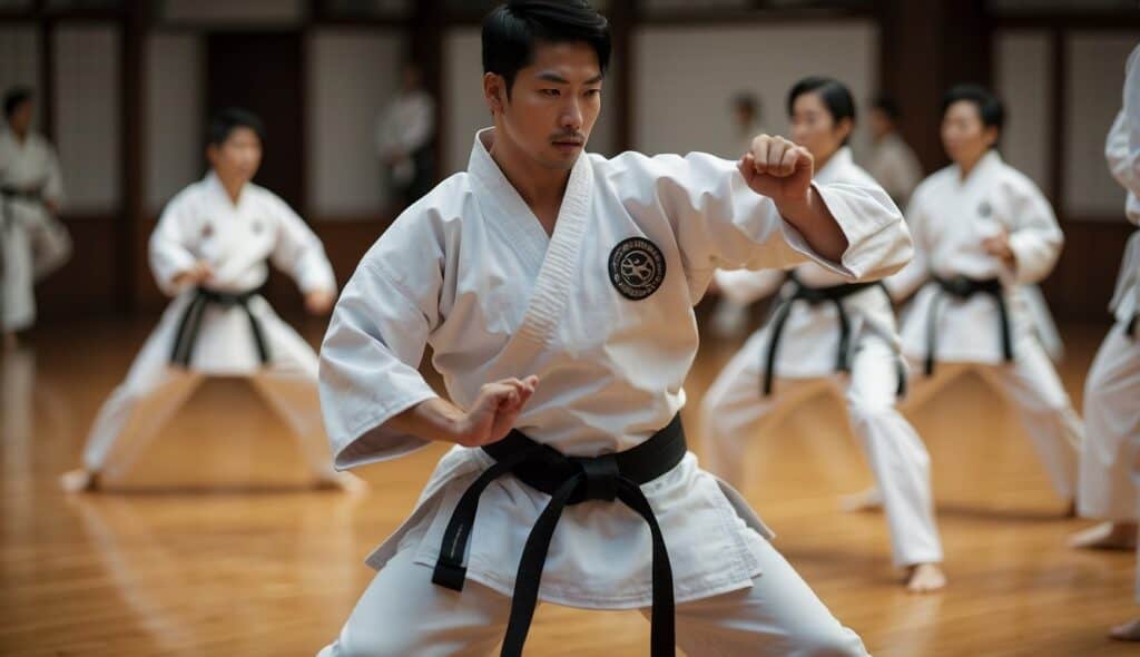 A group of people practicing Taekwondo in a traditional dojang setting, with a focus on discipline and precision in their movements