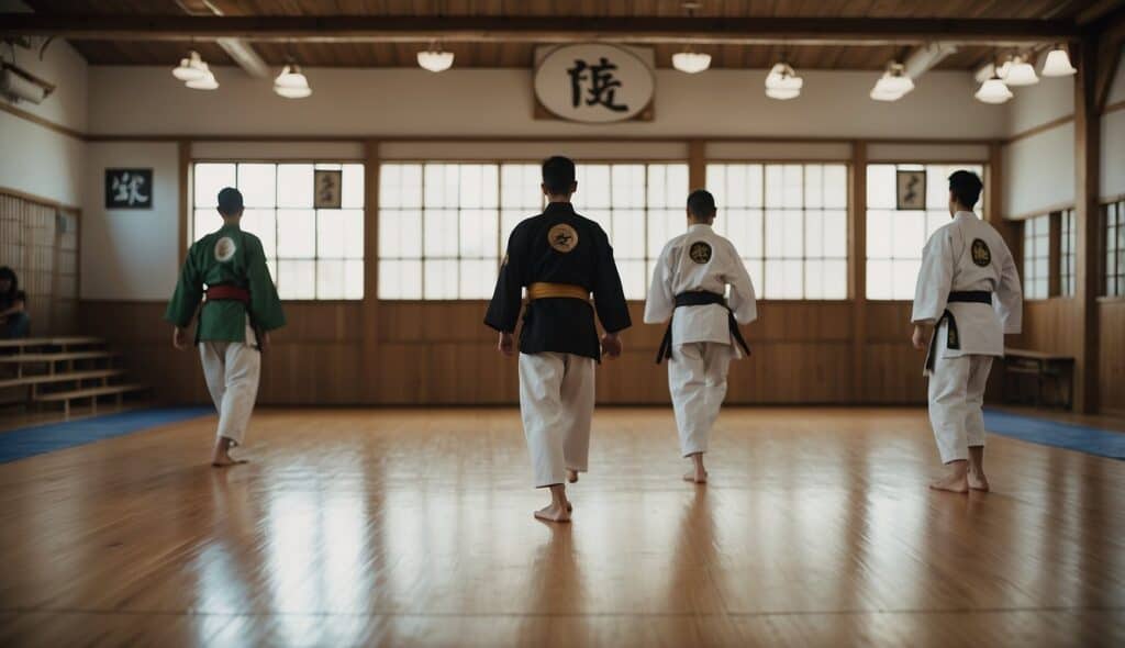 A serene dojo with traditional Taekwondo symbols and history displayed on the walls, while students practice forms and sparring in the center