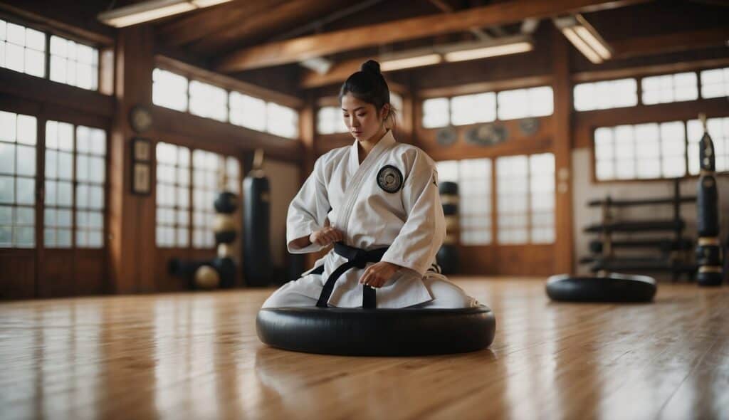 A modern dojo with traditional Taekwondo symbols and equipment. The space is filled with energy and focus, reflecting the history and influences of the martial art