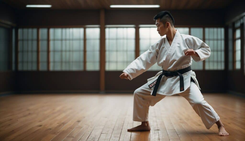 A martial arts student practices Taekwondo forms in a serene dojo setting, surrounded by traditional Korean symbols and equipment