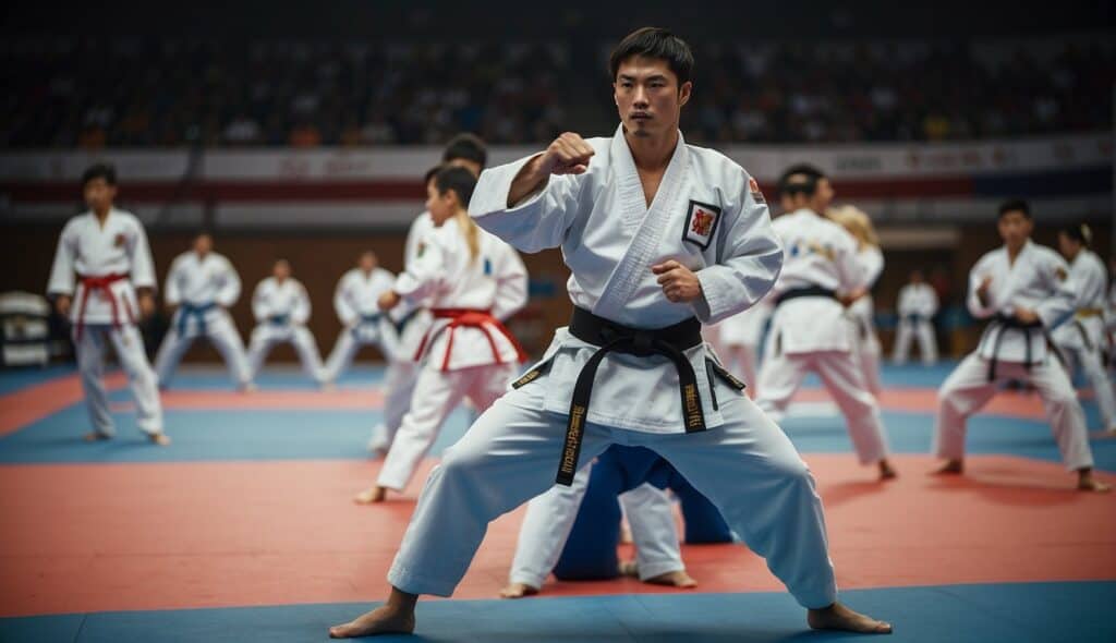 Significant nations and athletes gather at a Taekwondo competition, showcasing their skills and determination on the mat