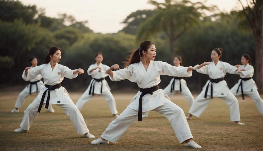 A group of women practicing Taekwondo, displaying strength and grace in their movements, surrounded by traditional martial arts equipment and symbols