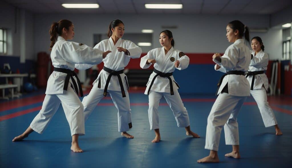 A group of women practicing Taekwondo techniques in a training hall with focus pads and kicking targets