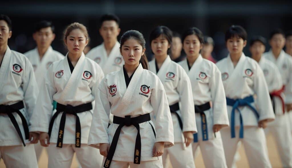 A group of taekwondo practitioners, including both men and women, stand in formation, demonstrating equality and social influence in the sport