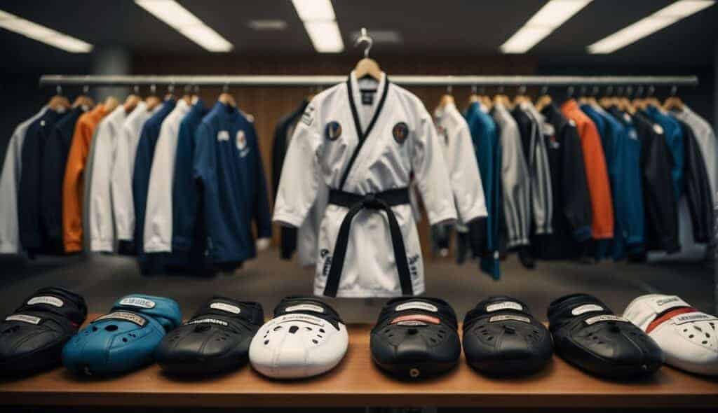 A person carefully selects a Taekwondo uniform and gear from a display