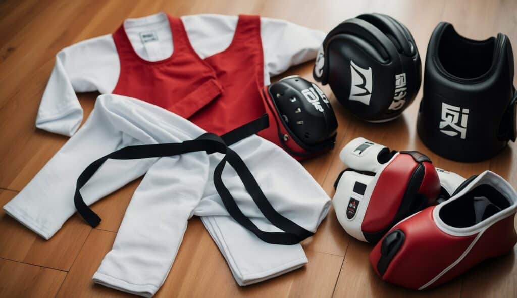 Taekwondo protective gear and uniforms laid out for training