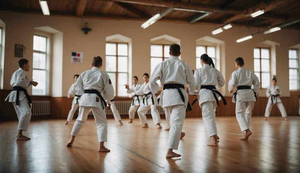 A Taekwondo dojo in Germany, with students practicing kicks and punches, surrounded by flags and training equipment