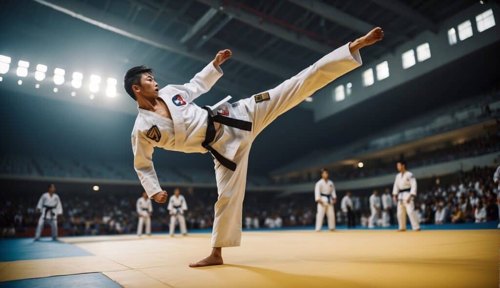 A taekwondo athlete performing a high kick in a competition setting