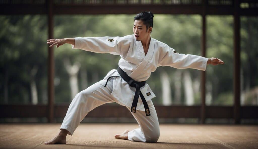 A martial artist performing Taekwondo forms in a traditional dojang setting with a focus on precise movements and strong stances