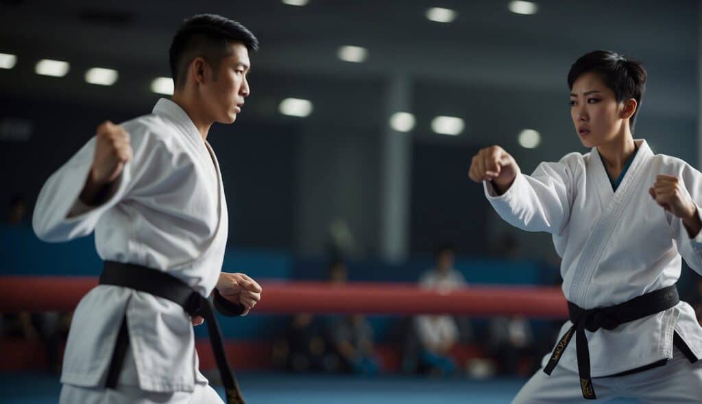 A Taekwondo practitioner performing a Poomsae with precise movements and focused concentration. The practitioner demonstrates fluid transitions and powerful strikes, embodying the discipline and skill of Taekwondo forms