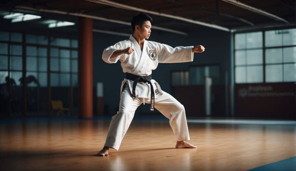 A martial artist performs a Taekwondo form with precise and powerful movements, showcasing the discipline's grace and strength