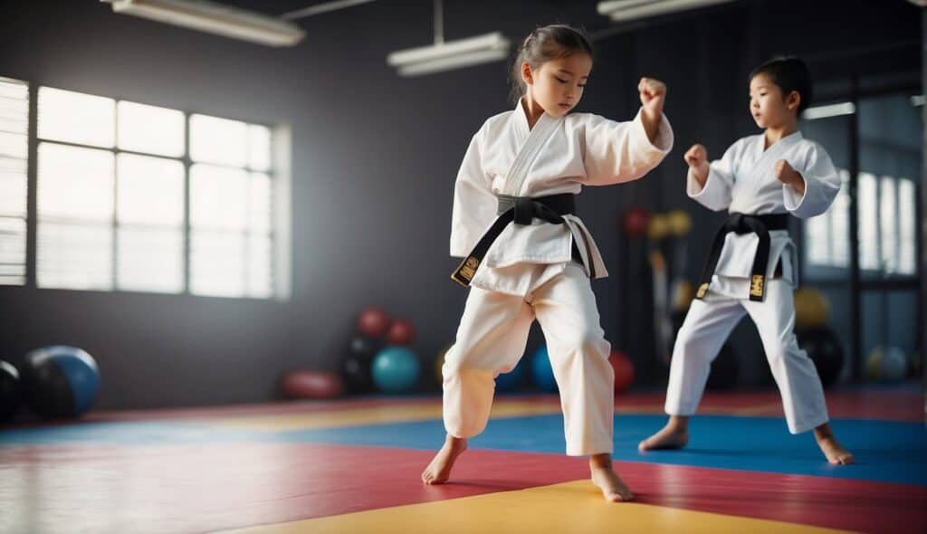 Children practicing Taekwondo, kicking and punching in a studio with colorful mats and equipment