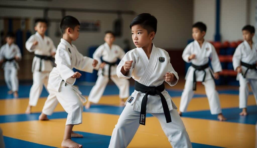 A group of children and teenagers practicing Taekwondo techniques in a spacious and well-lit gymnasium, demonstrating discipline and focus