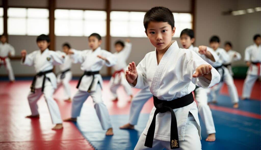 A group of children and teenagers practicing Taekwondo in a traditional dojang setting, with focus on discipline and technique