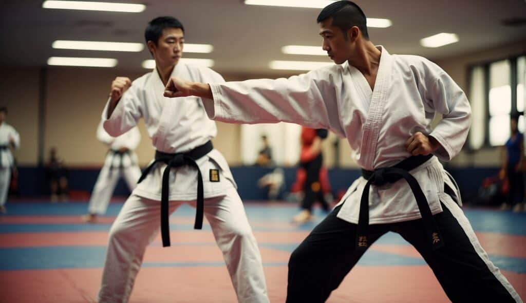 A martial arts instructor demonstrating self-defense techniques and Taekwondo training