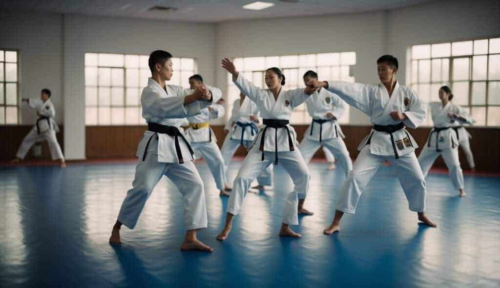 A group of martial artists practicing Taekwondo techniques and forms in a spacious, well-lit training hall