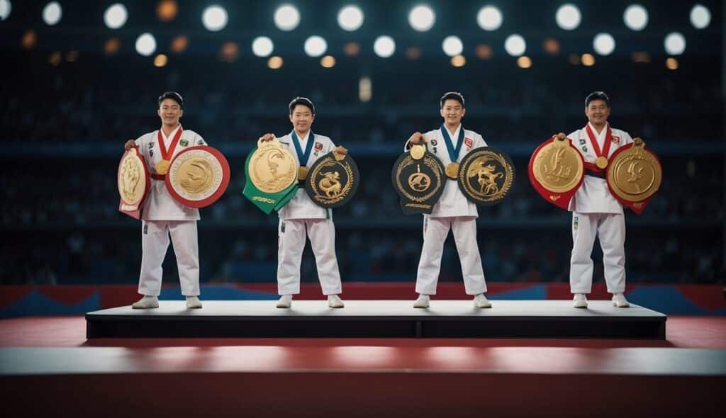 Taekwondo champions standing on a podium with medals, celebrating victory at the Olympic Games